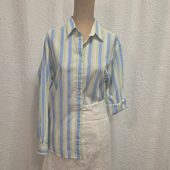 Appleseed's Pastel Blue and Light Green Striped Top Shirt Business Casual Womens - Picture 1 of 9